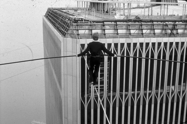 Philippe Petit tightrope walking between World Trade Center towers, 1974